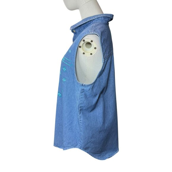 Luna Pier Denim Sleeveless Button-Front Shirt Western Rose Feather Print SZ:L - Picture 5 of 7